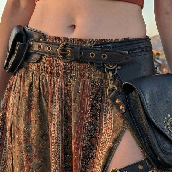 Earth Nynja Handmade Leather Utility Pocket Belt & Thigh Bag - Black/Brass - Picture 3 of 15